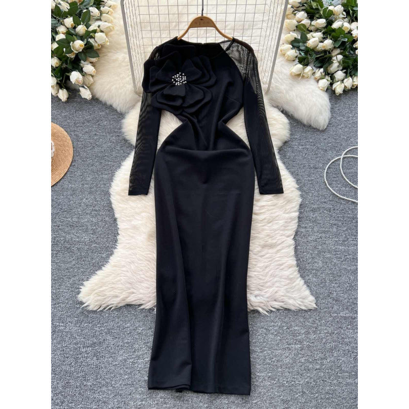 Red Crystal Flower Mesh Maxi Dress Long Sleeve Formal Evening Gown