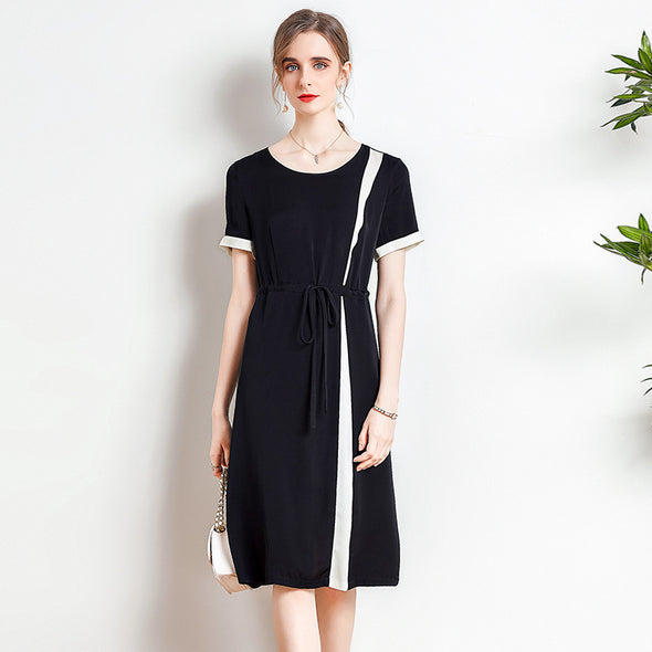 Women's Summer Silk Dress Waist Contrast Color Mid-length Dress