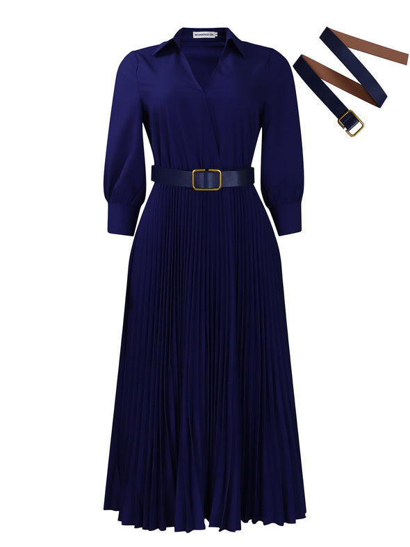 Spring V-Neck High Waist A-Line Dress with Matching Belt