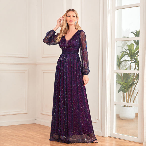 Shimmering V-Neck Ruched Gown Long Sleeve A-Line Maxi Dress with Full Lining