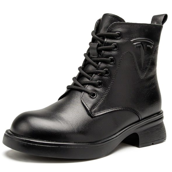 Genuine Leather Winter Warm Plus Fleece Short Boots Women's High Heel Non-slip Platform Shoes