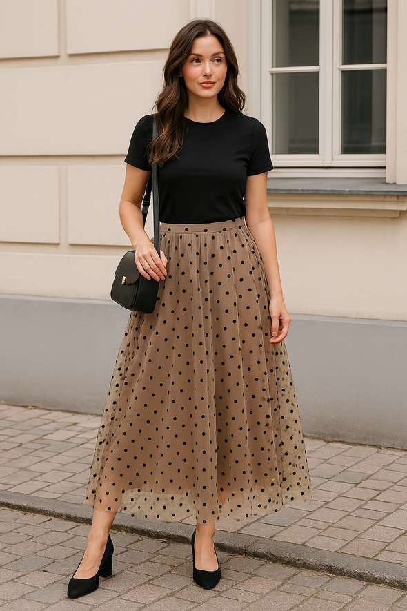 Polka Dot Mesh Skirt Mid Length A-Line Skirt