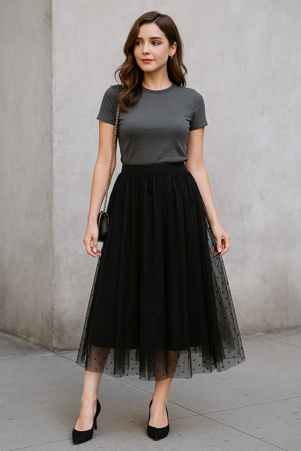 Polka Dot Mesh Skirt Mid Length A-Line Skirt