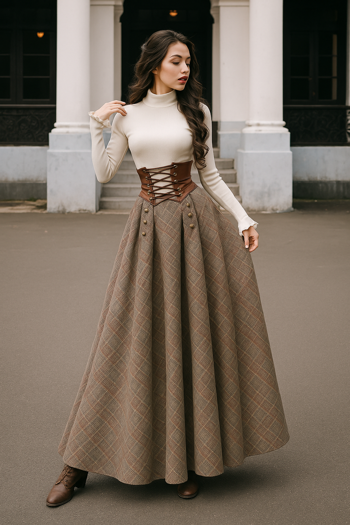 Women Checkered Skirts Vintage High Waisted Button Long Maxi Cotton-Blend Drawstring Skirts