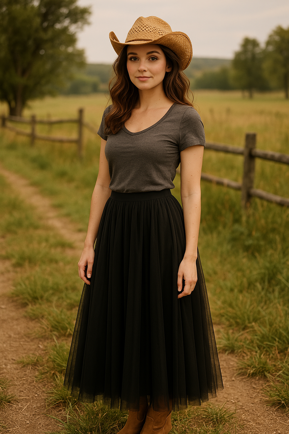 Soft Tulle A-Line Midi Skirt with Elastic Waistband