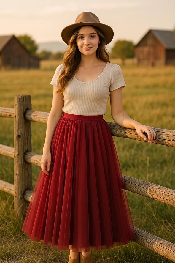 Soft Tulle A-Line Midi Skirt with Elastic Waistband