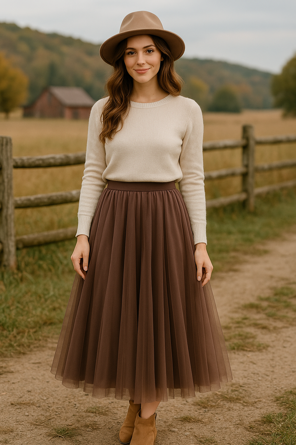 Soft Tulle A-Line Midi Skirt with Elastic Waistband