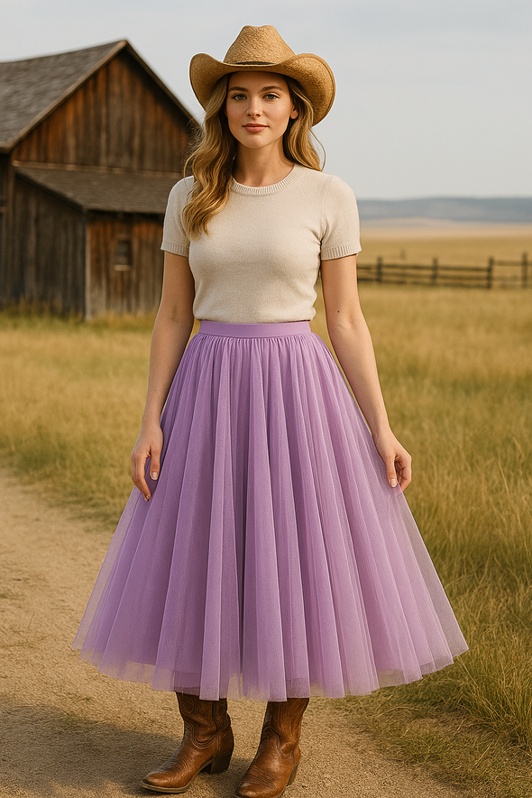 Soft Tulle A-Line Midi Skirt with Elastic Waistband