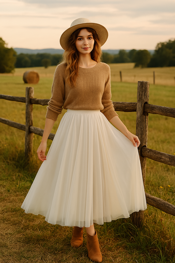 Soft Tulle A-Line Midi Skirt with Elastic Waistband
