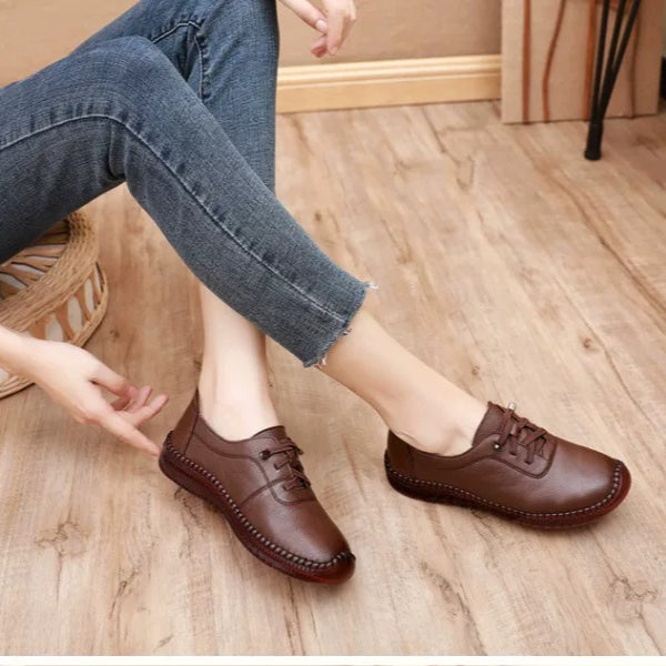 Comfort Hand Stitched Top Grain Leather Womens Soft Sole Slip On Flats