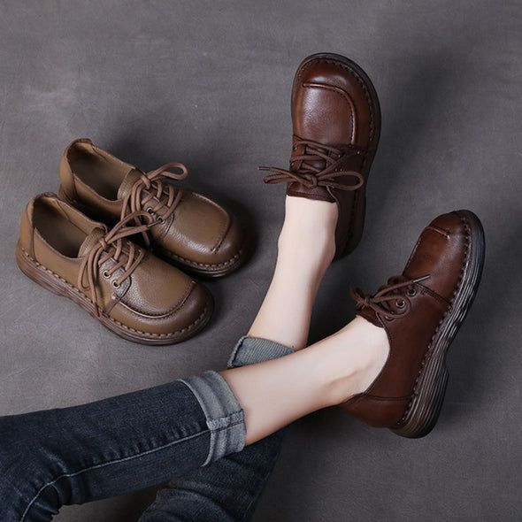 Handmade Genuine Leather Soft Sole Casual Shoes Comfortable Lace-up Retro Women's Shoes