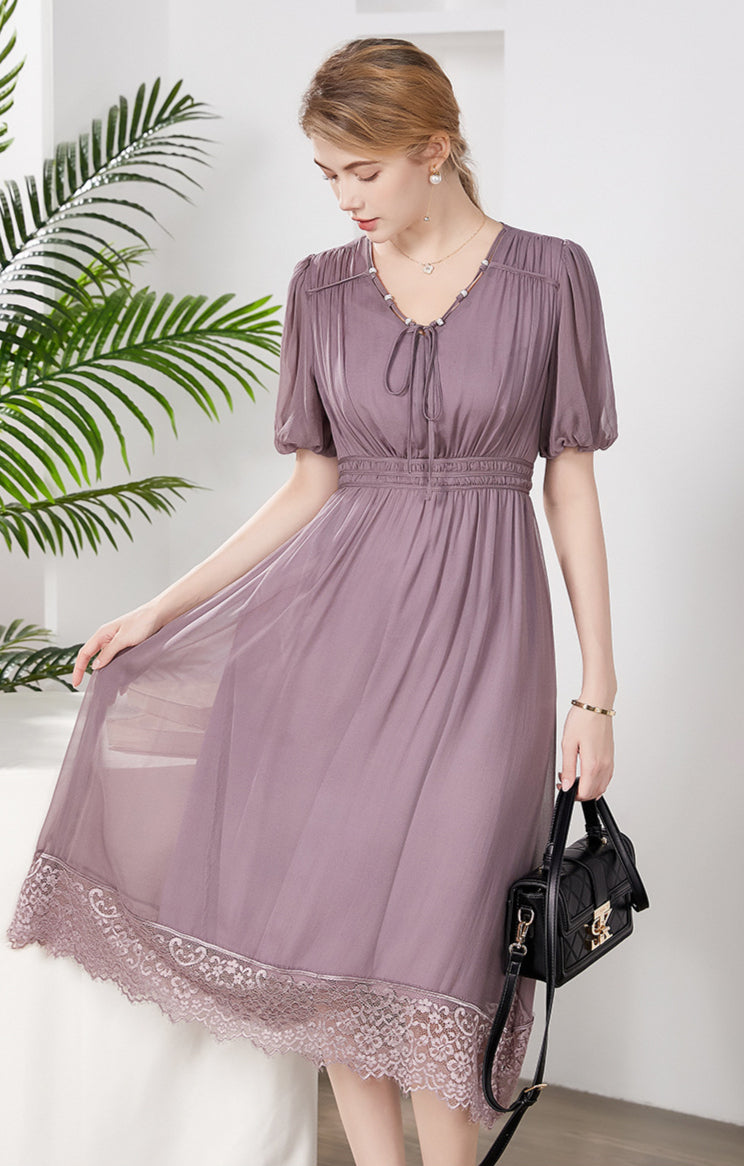 Silk Midi Dress with Lace Hem and Puff Sleeves
