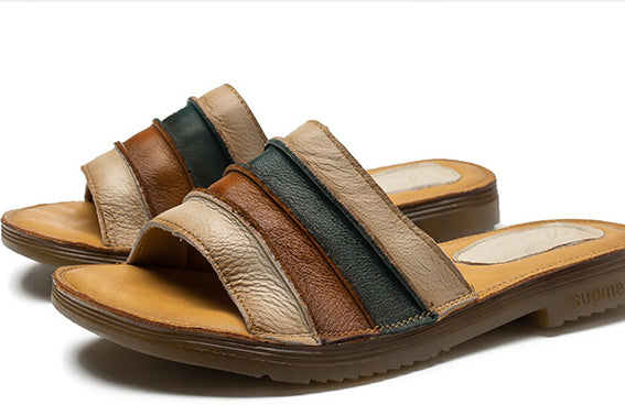 Women's Summer Retro Genuine Leather Slippers Comfortable Soft Sole Anti-Slip Sandals