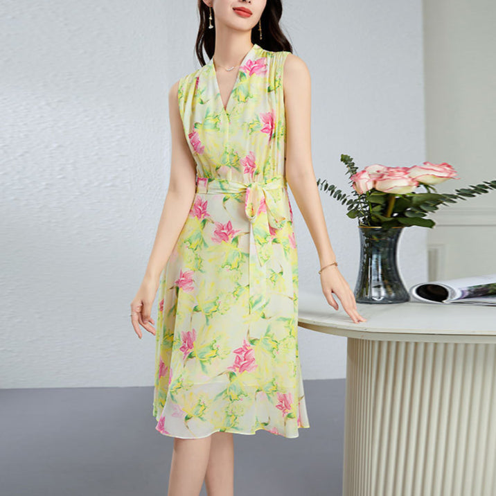 Silk Floral Midi Dress with Belted Waist and V-Neck