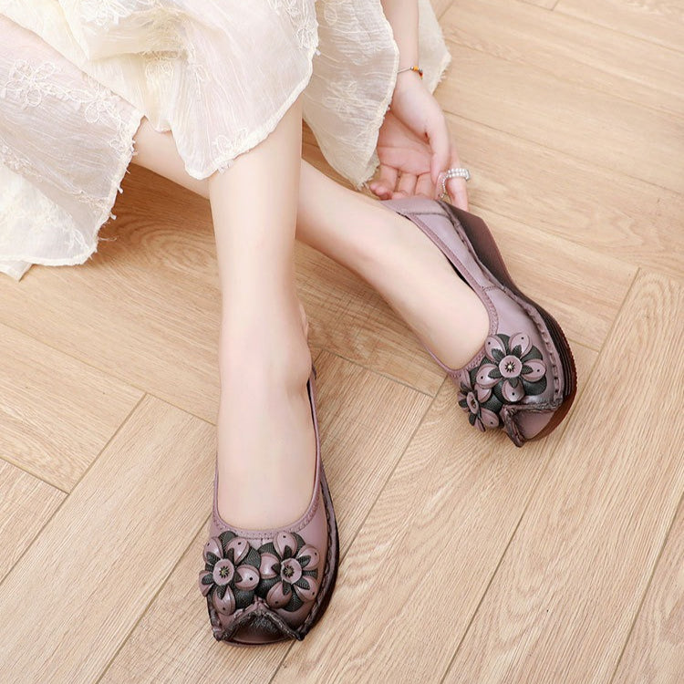 Floral Embossed Leather Slip-Ons Comfort Arch Support Wedge Heels