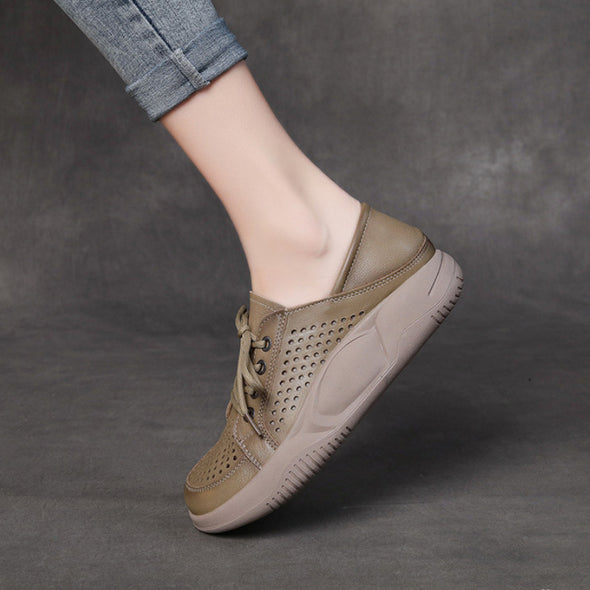 Women's Leather Hollow Lace Up Sports Wind Casual Shoes Breathable Comfortable Shoes