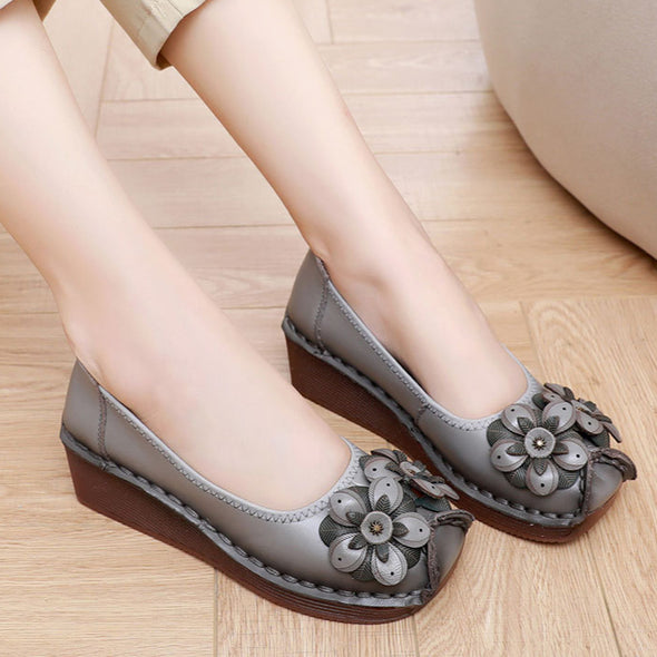 Genuine Leather Wedge Loafers Floral Design Slip-Resistant Soft Sole Shoes for Moms