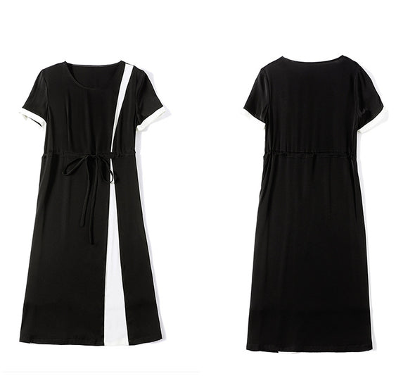 Women's Summer Silk Dress Waist Contrast Color Mid-length Dress