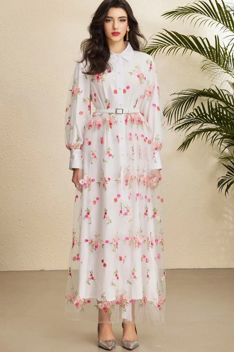 French Riviera Breathable Floral Embroidered Mesh Womens Maxi Dress