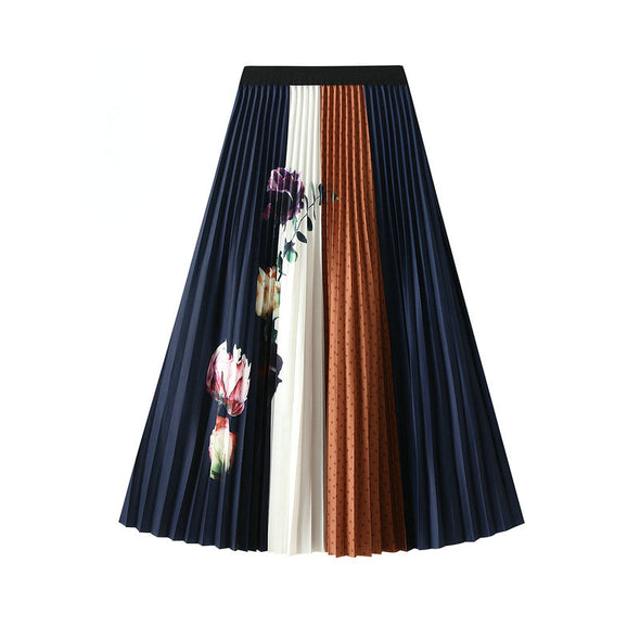 Printed Pleated Skirt Women's High Waist Slimming Mid-length Skirt