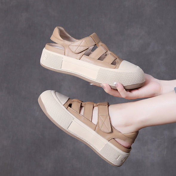 Women's Leather Sports Sandals Velcro Flat Roman Shoes