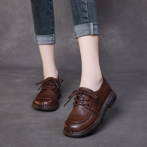 Handmade Genuine Leather Soft Sole Casual Shoes Comfortable Lace-up Retro Women's Shoes