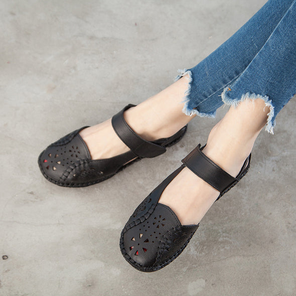 Summer Leather Sandals Women's Flat Heel Hollow Retro Soft Sole Comfortable