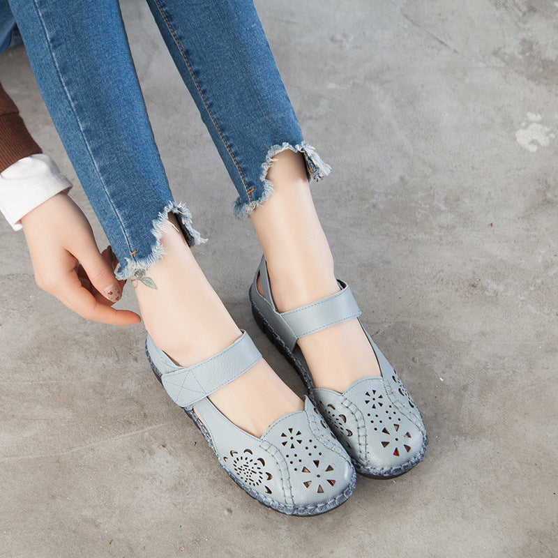 Summer Leather Sandals Women's Flat Heel Hollow Retro Soft Sole Comfortable