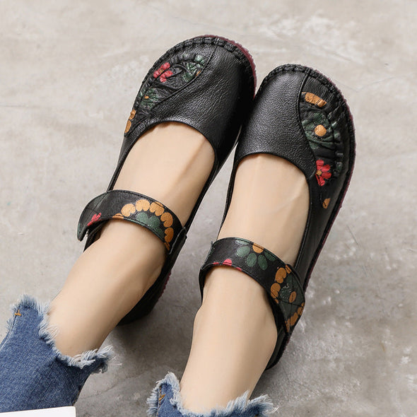 Women's Leather Soft Sole Colorblock Shallow Mouth Flower Flat Shoes ...