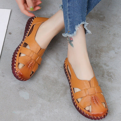 Leather Hollow Women's Shoes Comfortable Soft Bottom Non-slip Flat Sandals