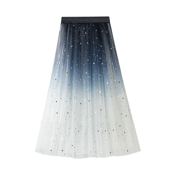 Women's Gradient Mid-length Colorblock Sequined Mesh Skirt