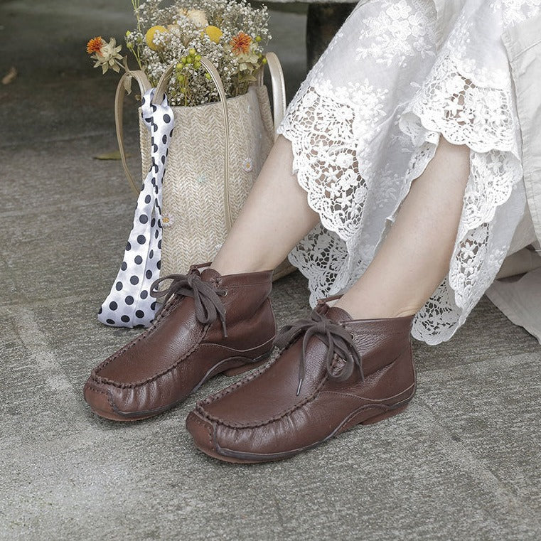 Genuine Leather Round Toe Hand-stitched Ankle Boots All-match Comfortable Women's Shoes