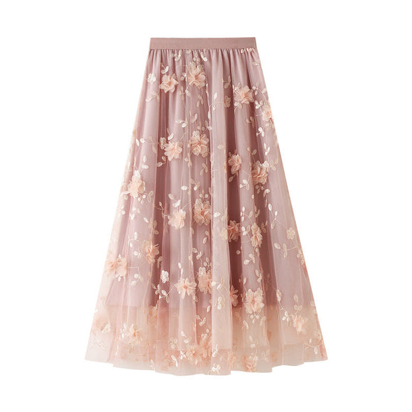 Mesh Embroidered Skirt Large Size Gauze Skirt Autumn High Waist Skirt