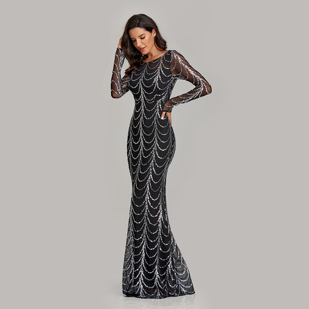 Autumn Winter O-Neck Wave Sequins Women Maxi Party Dresses, Black Silver / 20 Autumn Winter O-Neck Wave Sequins Women Maxi Party Dresses, Black Silver / 20