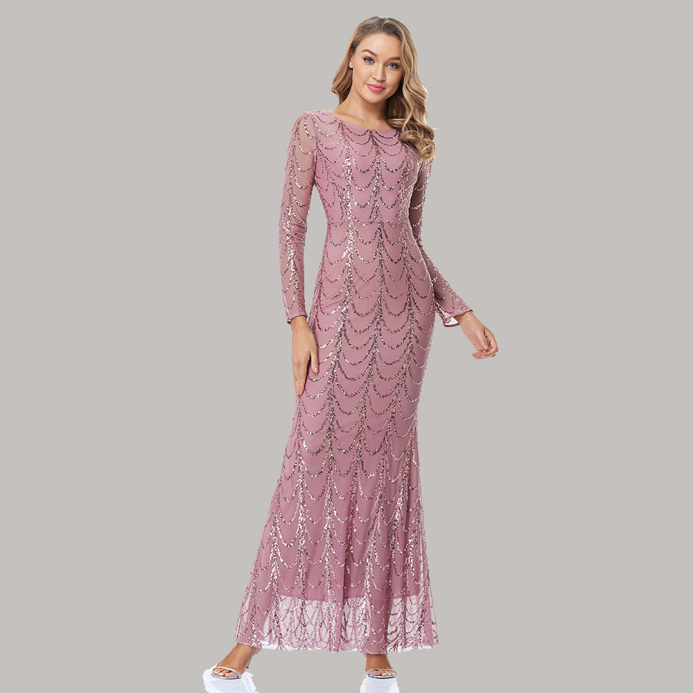 2020 Autumn Winter O-Neck Wave Sequins See Though Women Maxi Dresses –  Dresslittly