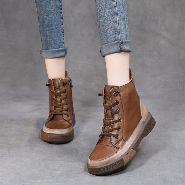 Leather Retro Lace-up Tendon-soled Ankle Boots Color-blocking Flat Soft-soled Women's Shoes