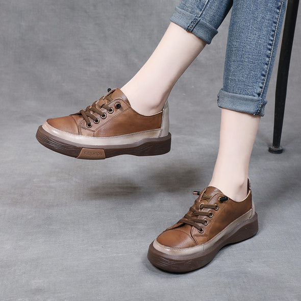 Lace-up Genuine Leather Soft Sole Retro Women's Shoes Handmade Cowhide Flat Shoes