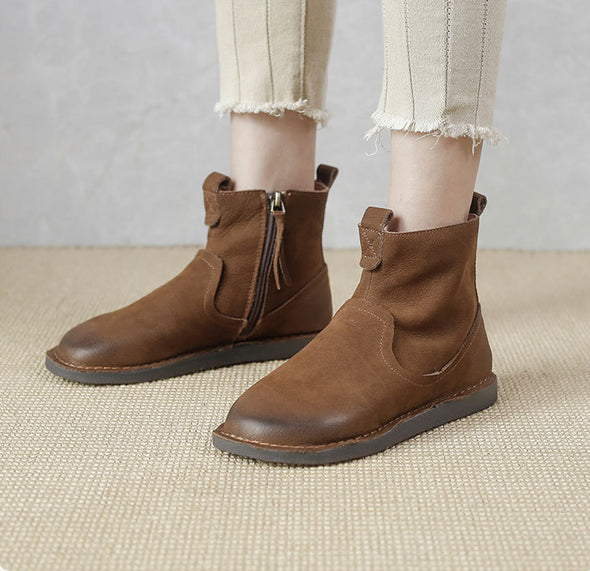Leather Vintage Ankle Boots Round Toe Hand-stitched Comfortable All-match Women's Shoes