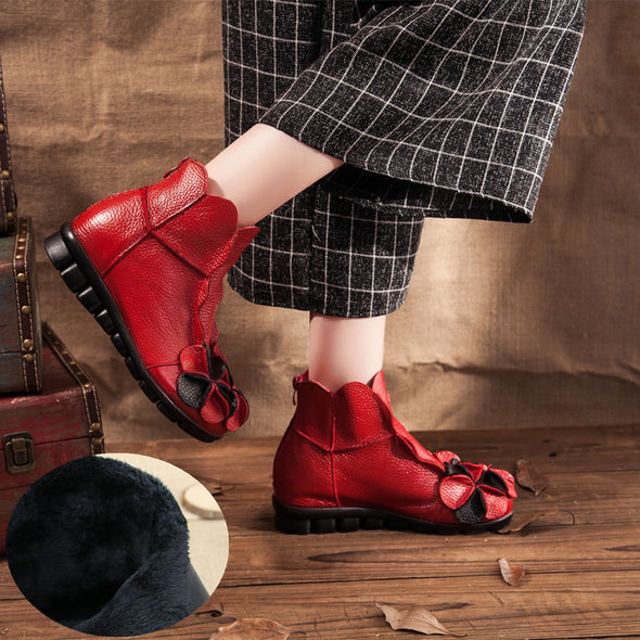Women Flat Leather Boots Handmade Soft Sole Comfortable Vintage Shoes