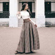 Women Checkered Skirts Vintage High Waisted Button Long Maxi Cotton-Blend Drawstring Skirts