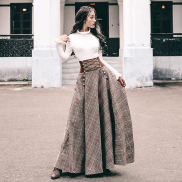 Women Checkered Skirts Vintage High Waisted Button Long Maxi Cotton-Blend Drawstring Skirts