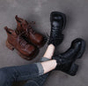 First Layer Cowhide Retro Martin Boots Square Toe Leather Lace-up Thick Heel Women's Shoes