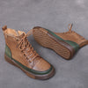 Vintage Leather Colorblock Boots Women's Soft Sole Flat Shoes