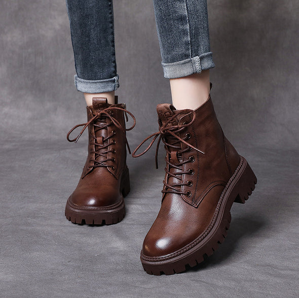 Retro Leather Soft Bottom Lace Up Martin Boots Autumn and Winter New Women's Shoes