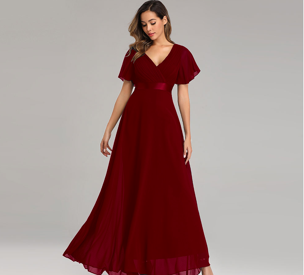 white christmas dresses Oaklee Modest V Neck Short Sleeves Slit Long Chiffon Bridesmaid Dresses, Champagne