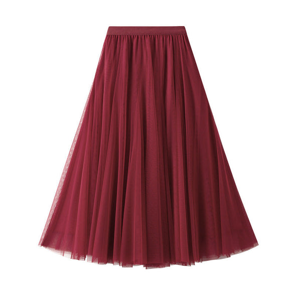 Women's Fall and Winter Mesh Skirt High Waist Mid Length Pleated Skirt