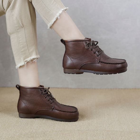 Vintage Hand-Stitched Leather Martin Boots Soft-Soled Women Shoes