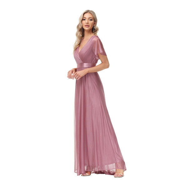 Sparkling Party Dress V-Neck Mesh Ruffle Sleeve Stretch Evening Dress