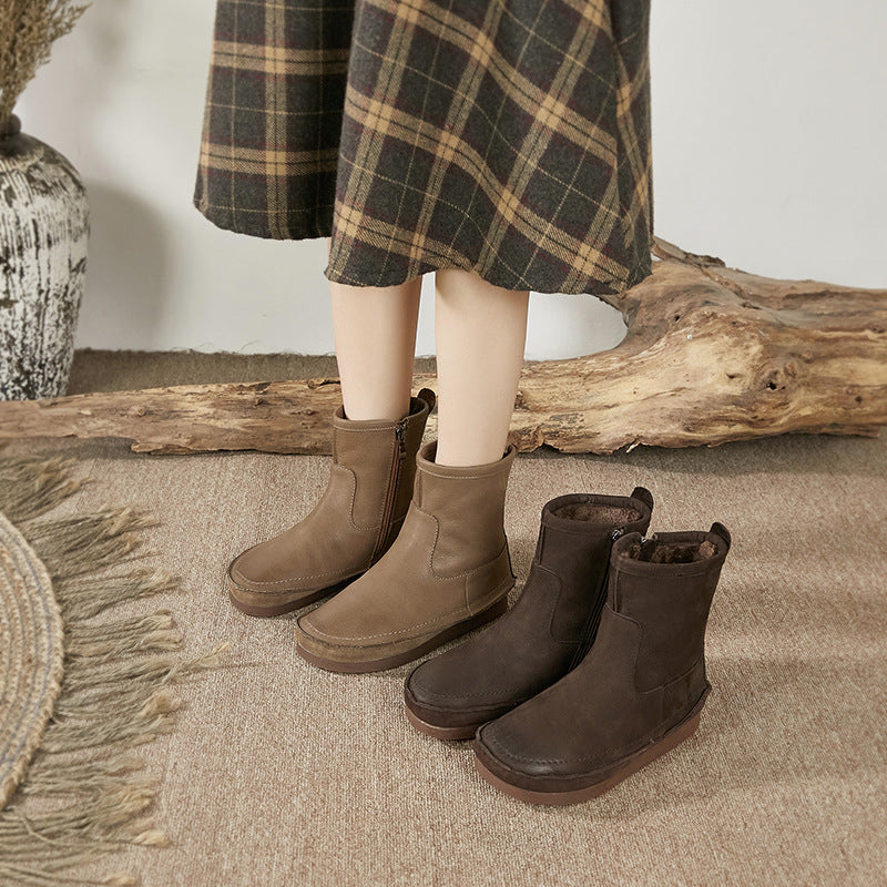 Vintage Handmade Genuine Leather Flat Thick Fur Boots Soft Bottom Side Zipper Women's Shoes