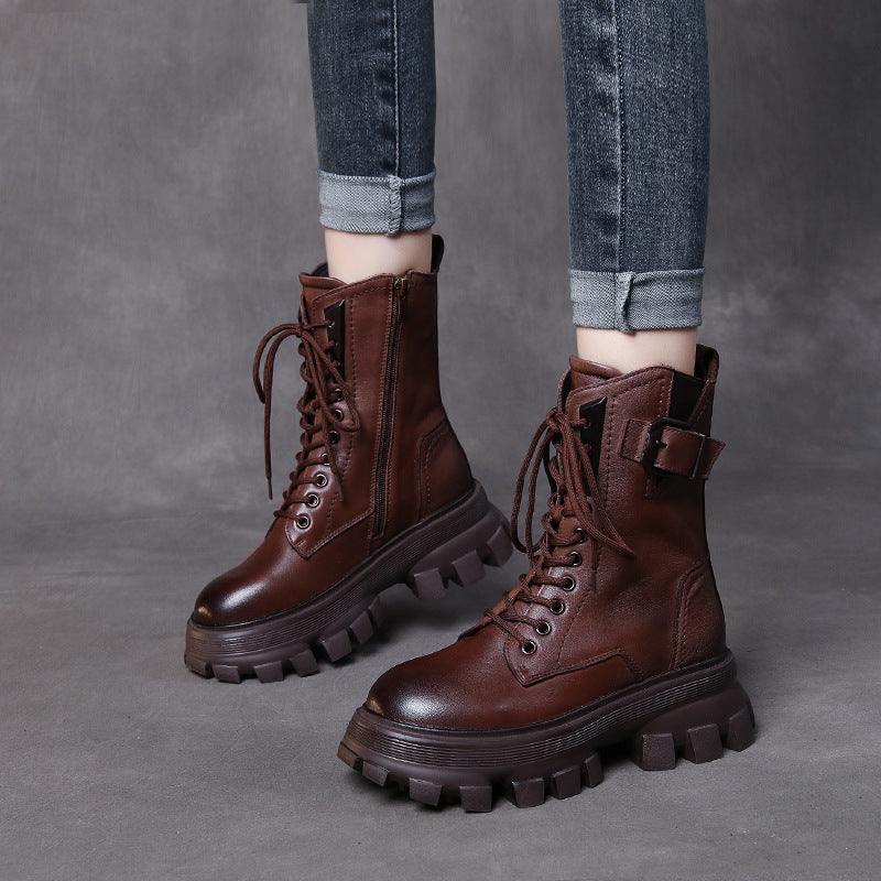 Leather Retro Martin Boots High Side Zip Women's Shoes
